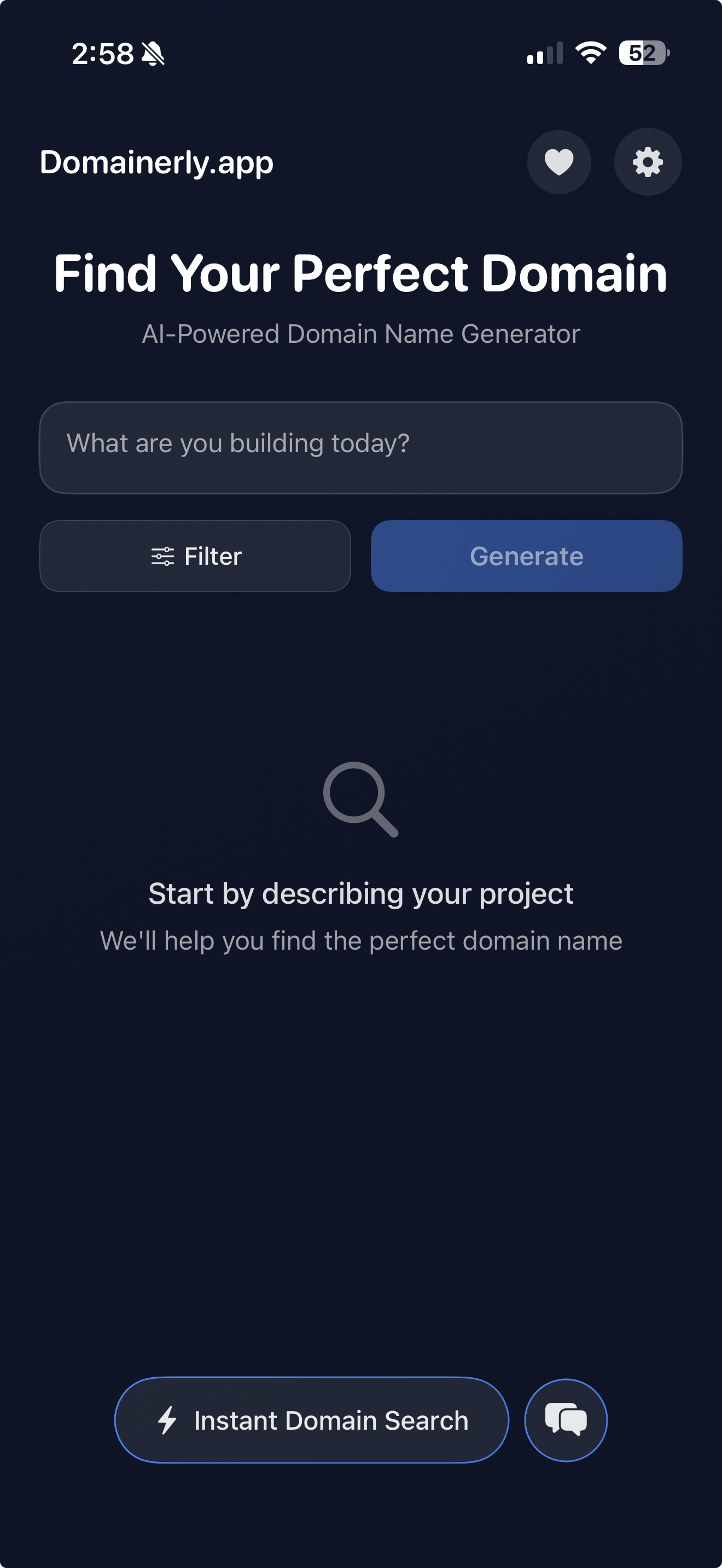 Domainerly app interface for discovering domain names