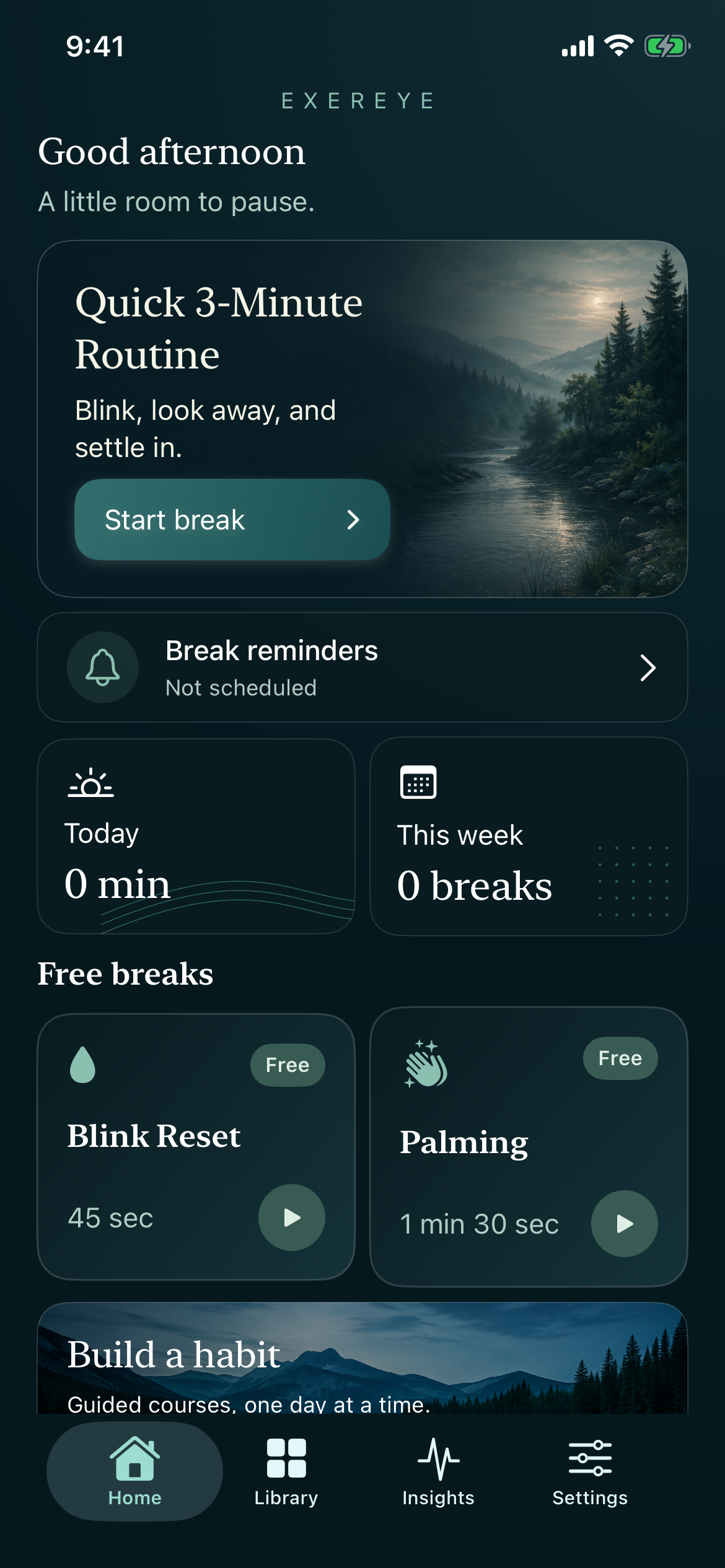 Exereye iPhone app with a guided routine, break reminders, and activity overview